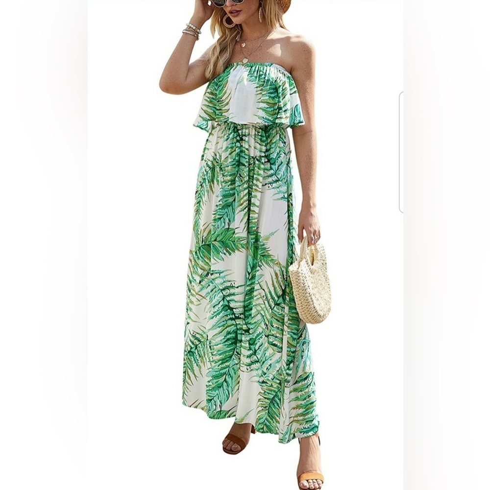 Strapless Green Palm-Print Maxi Dress